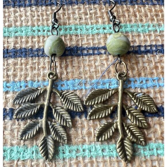 Artisan Brass Large Leaf with Green Swirl Clay Bead Dangle Earrings 2.75" Long - Picture 3 of 3